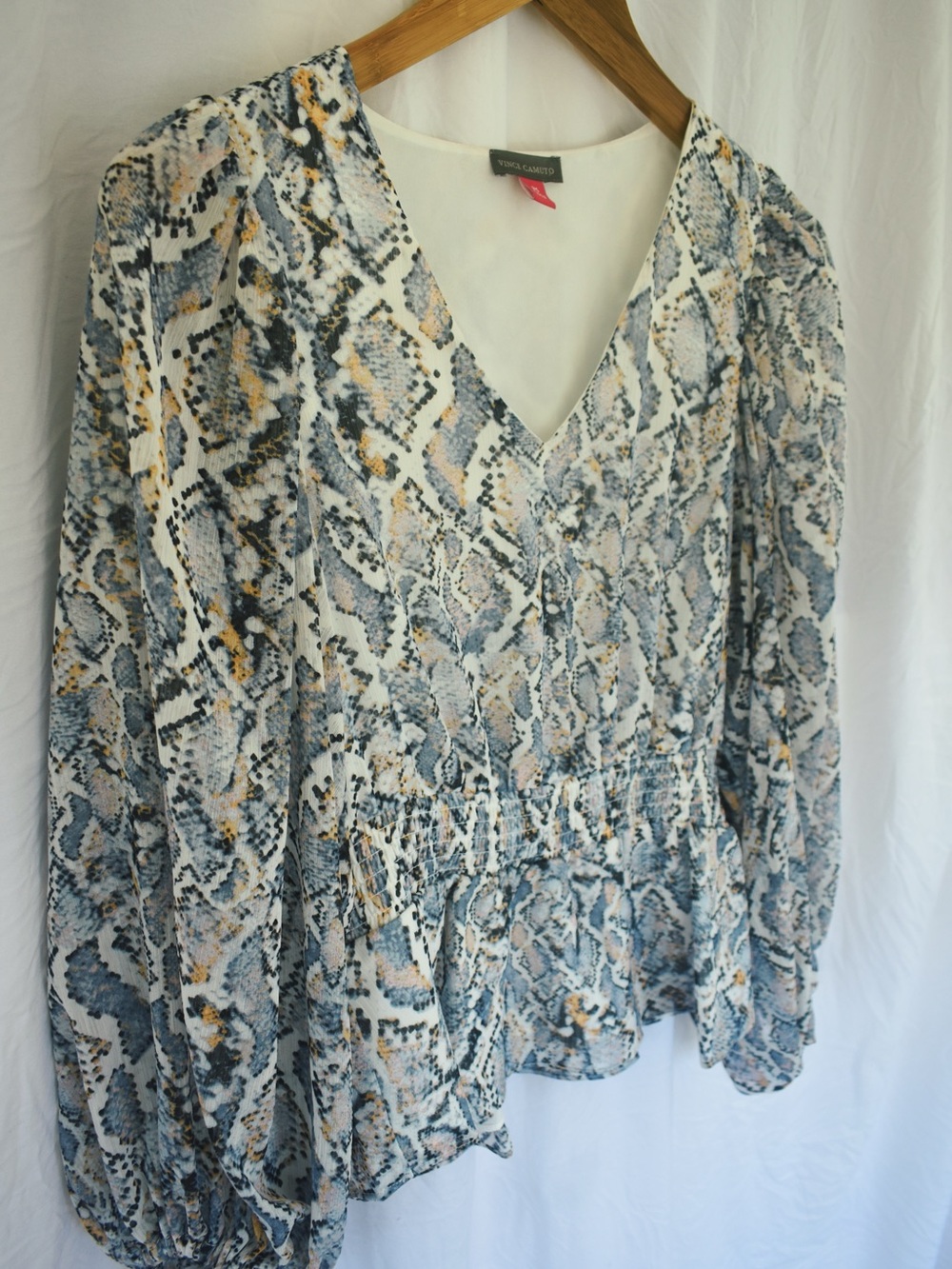 Vince Camuto V-Neck Snake Print Peplum Blouse in White, Blue & Gold